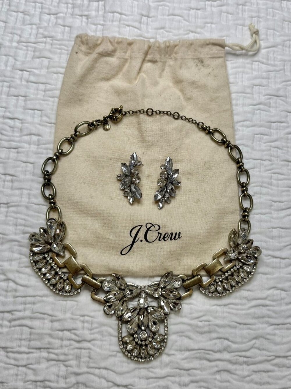 J.Crew 2-PC Brass Tone Clear Crystal Statement Bib Necklace + Earrings + Bag